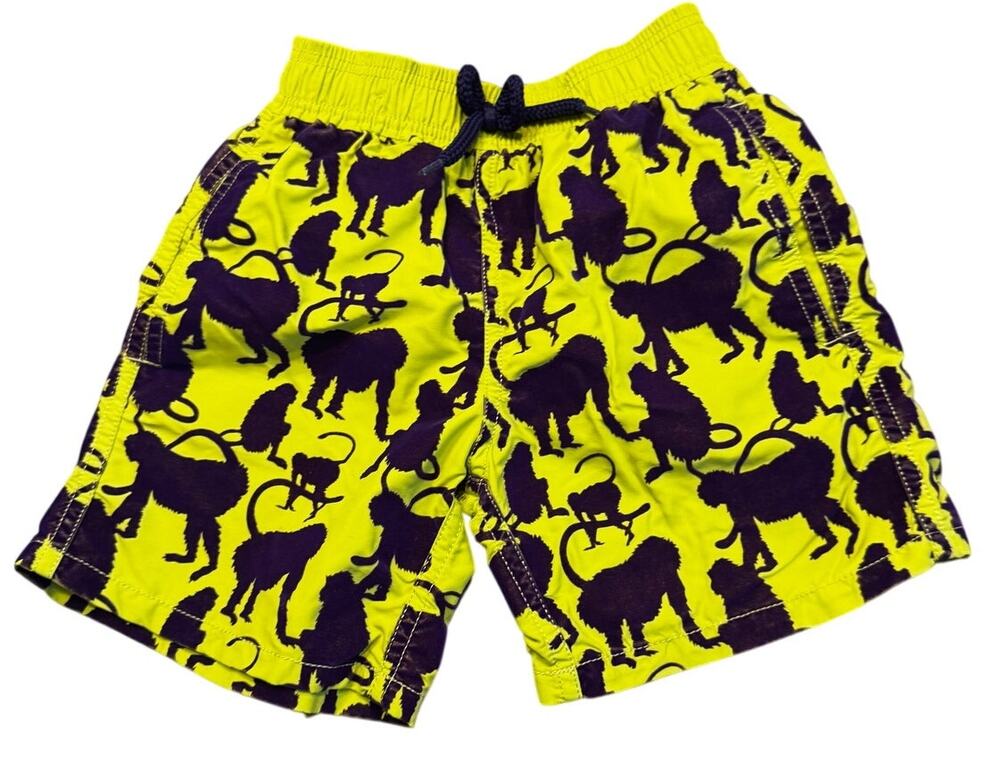 Vilebrequin Kids Neon Yellow Purple Velour Monkey Print Swim Trunks Size 8